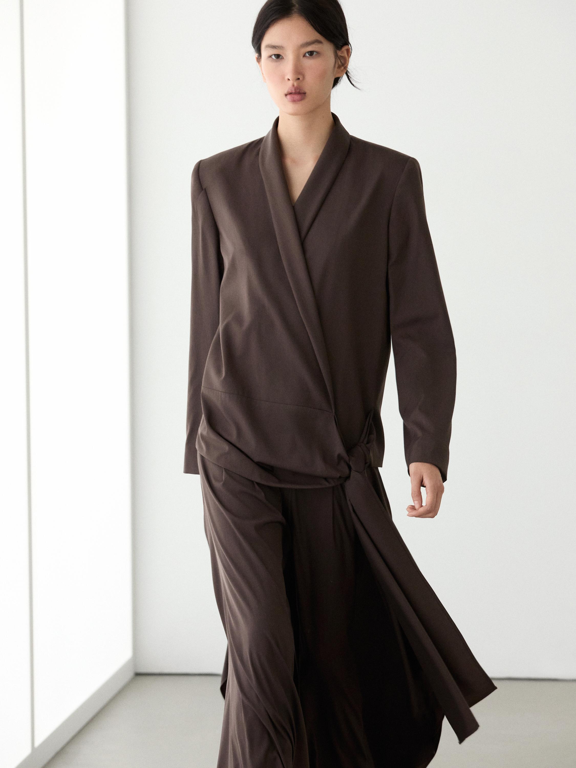 Wool blend blazer with tie detail — Chocolate
