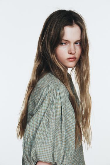 TOP À CARREAUX MANCHES BALLON - Marron-Bleu de Zara - Image 2