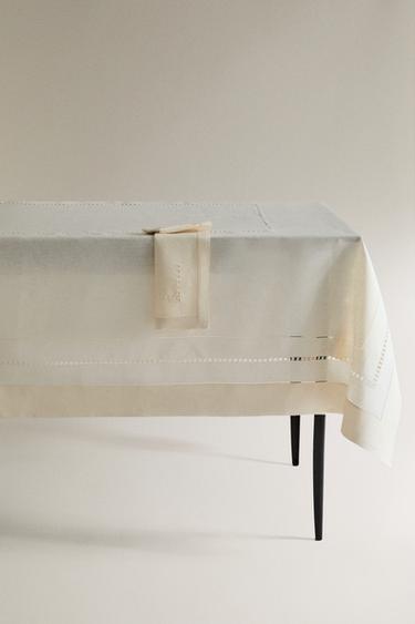 HEMSTITCHED INSERT LINEN TABLECLOTH - Ecru by Zara