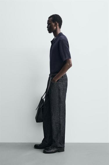 100% LINEN KNIT POLO SHIRT - Navy blue by Zara - Image 3