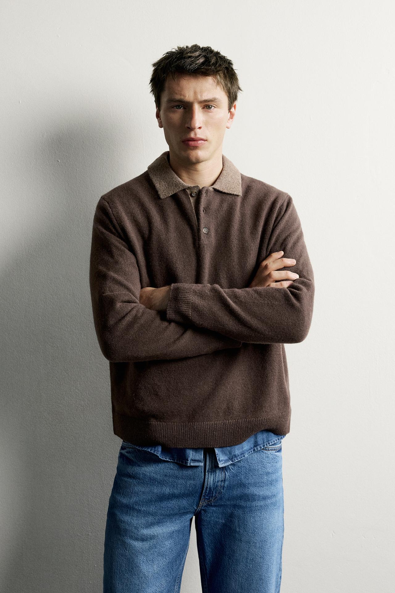 100% WOOL CONTRAST KNIT POLO — Brown