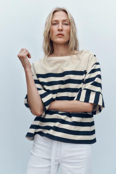 Zara 亞麻條紋罩衫 - 海藍色 / 裸色