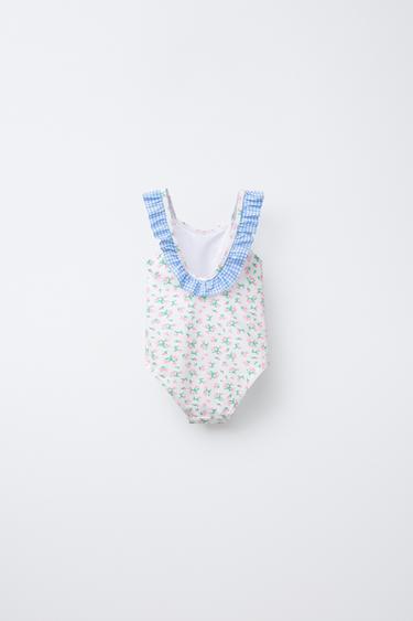 AGES 2-6/ FLORAL GINGHAM SWIMSUIT - White by Zara - Image 1