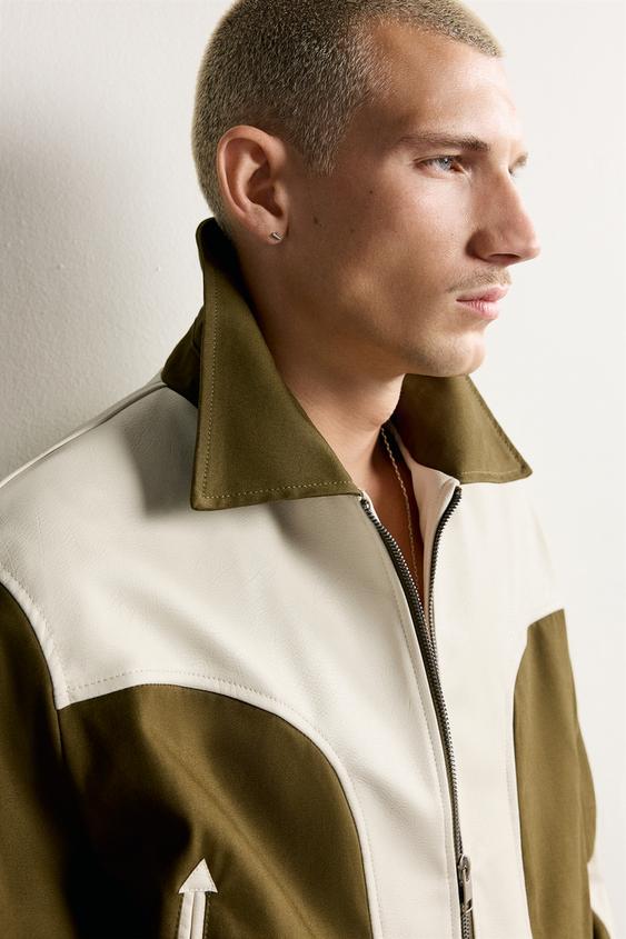 BLOUSON EN MATIÈRE SYNTHÈTIQUE COMBINÉ CONTRASTE - écru/vert kaki de Zara - Image 4