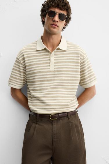 STRIPED JACQUARD POLO SHIRT - camel by Zara
