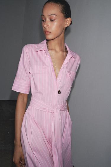 Zara ZW COLLECTION 府綢襯衫式洋裝 - 粉紅色