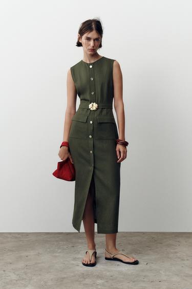 Zara LINEN BELTED MIDI DRESS - Dark khaki - Image 0