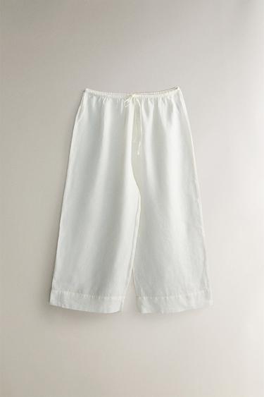 CALÇA DE LINHO COM BAINHA LARGA - Branco-marfim da Zara
