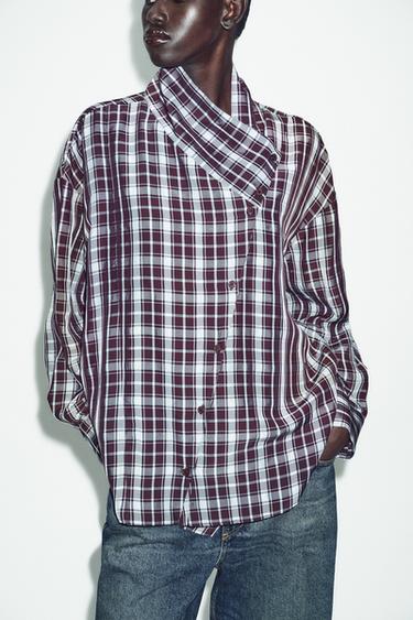 CAMISA CRUZADA CUADROS - Marrón-Azul de Zara