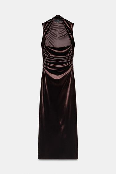 VELVET SQUARE NECKLINE MIDI DRESS - Dark brown by Zara - Image 0