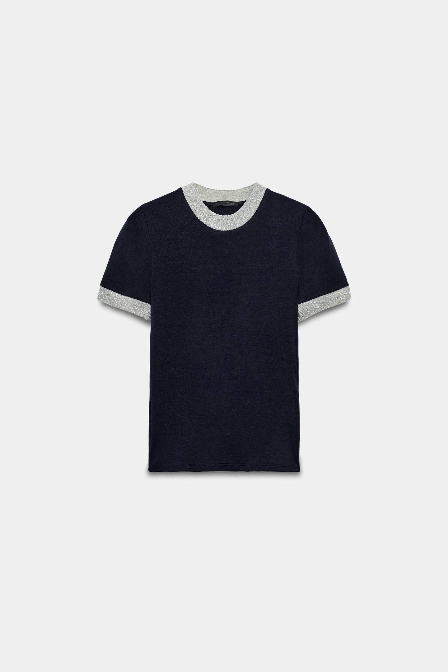 Женская футболка Zara Contrast Rib, цвет: Синий / Чёрный — фото 6