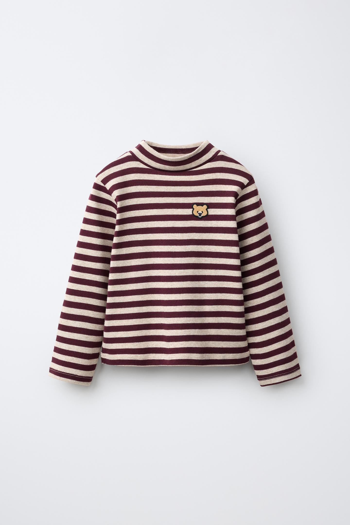 Детская футболка Zara Striped Bear Patch Soft Touch, цвет: Бордовый — фото 2