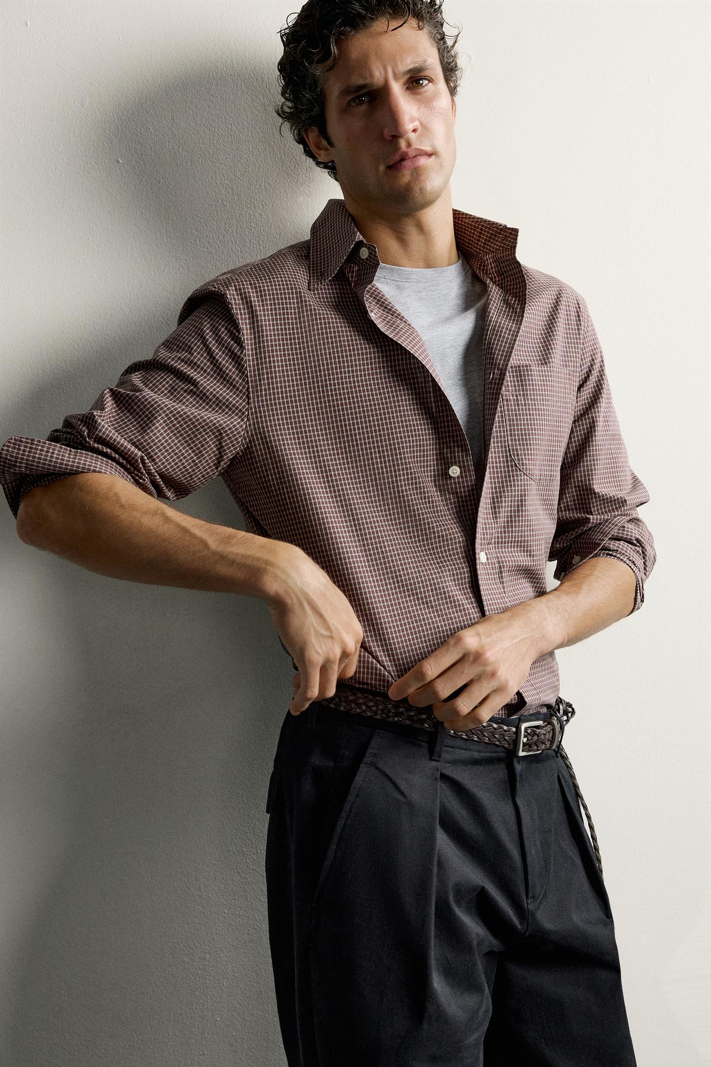 Мужская рубашка Zara Regular Fit Plaid, цвет: Бордовый — фото 7