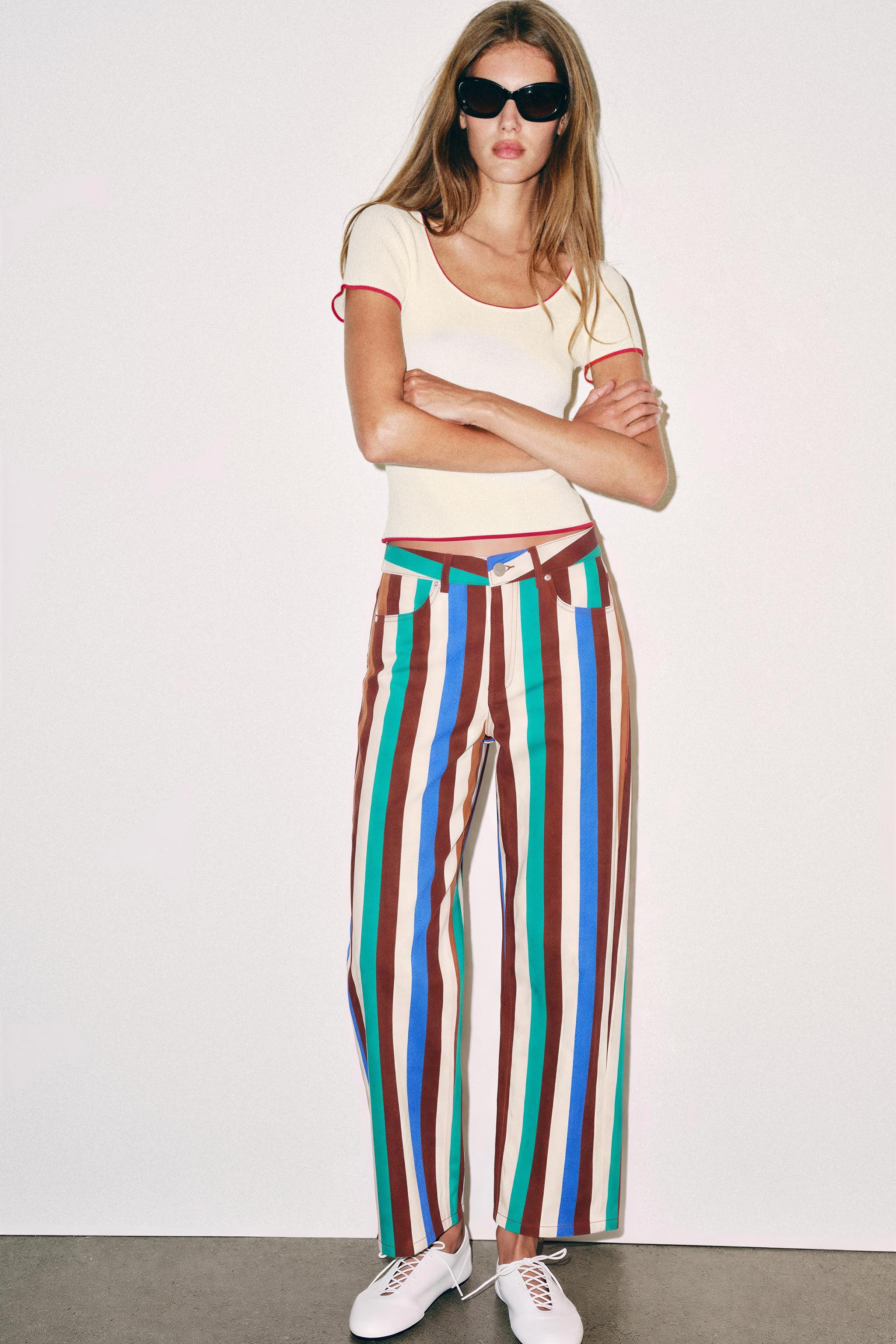 CONTRAST SHORT-SLEEVE TOP — Mid-ecru