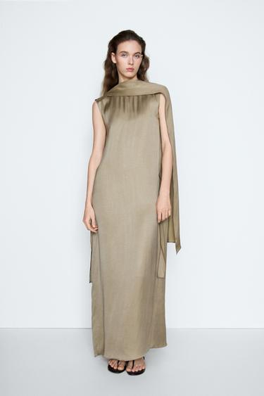 Zara Flowing dress with cape detail - STUDIO - Stone - Image 0