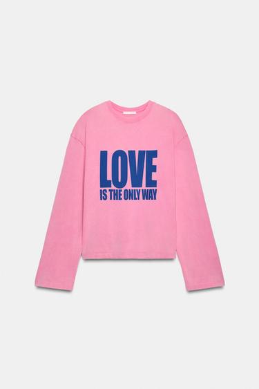 WASHED EFFECT SLOGAN T-SHIRT - Pink by Zara
