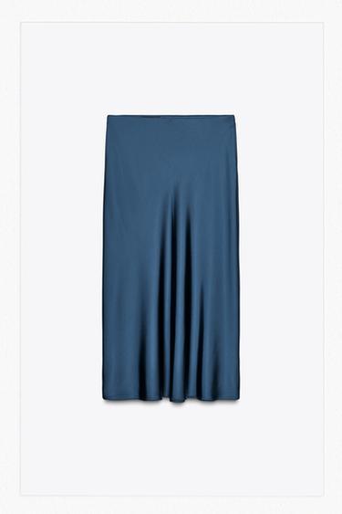 FALDA MIDI SATINADA - Azul pato de Zara