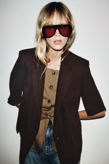 BLAZER AVEC LIN MANCHES COURTES - Marron de Zara