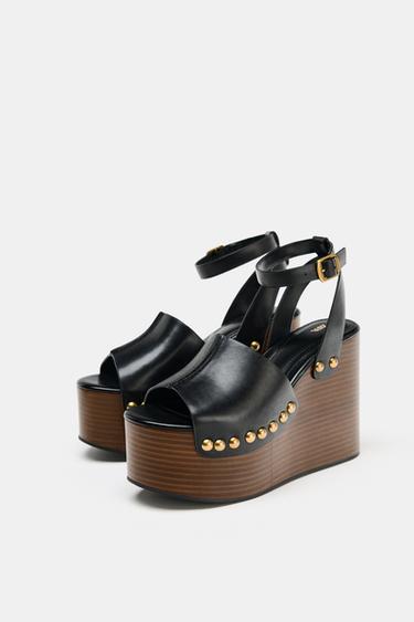 LEATHER WEDGE SANDALS WITH STUDS - Black by Zara - Image 3
