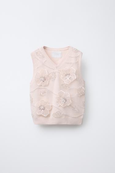 Zara SPARKLY FLORAL KNIT VEST - Pale pink
