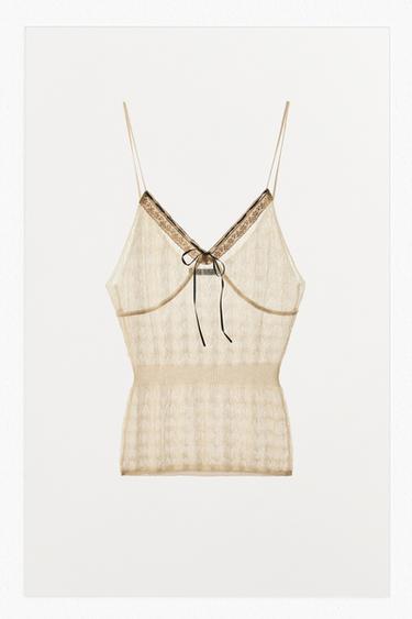 Zara CONTRAST BOW KNIT TOP - Ecru