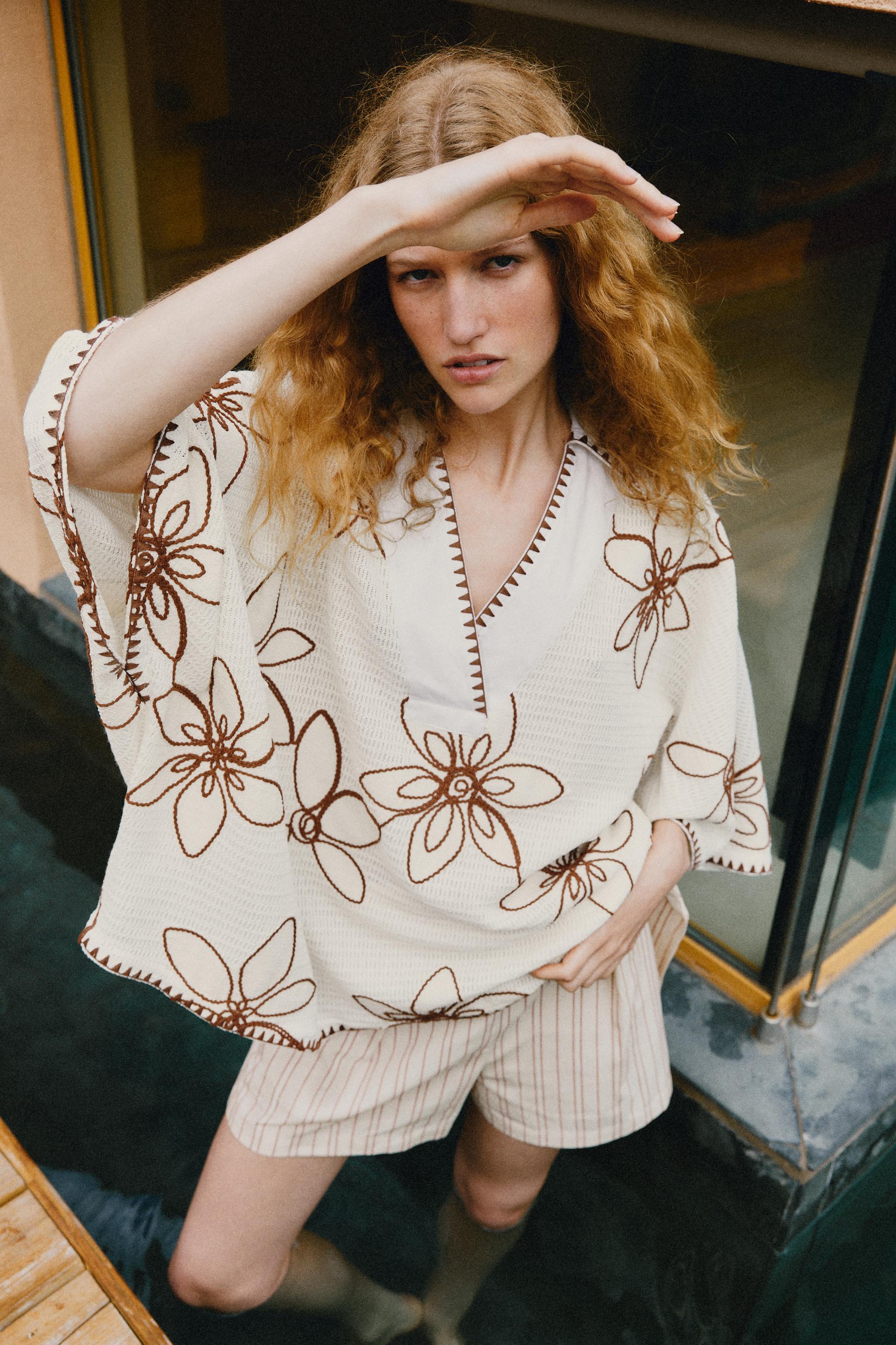 EMBROIDERED CAFTAN BLOUSE - Ecru / Brown | ZARA United States