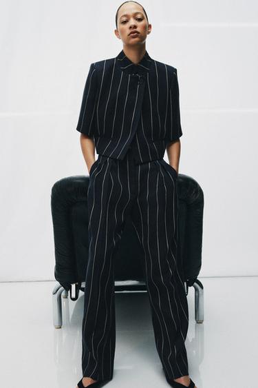 PANTALÓN RAYAS CON LINO ZW COLLECTION - Marino de Zara