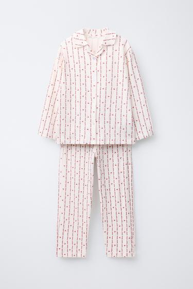 6-14 YEARS/ CHERRY AND FLOWER PRINT SHIRT AND TROUSERS PYJAMAS - Ecru by Zara
