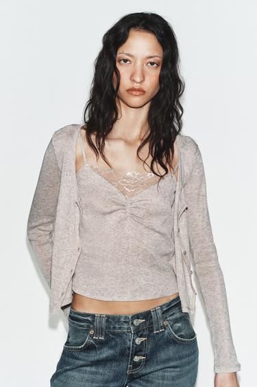 CONTRAST JACKET WITH LACE TOP - Sand / Marl by Zara - Image 0