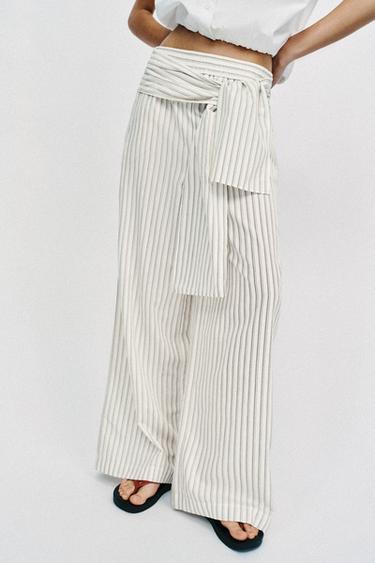 PANTALÓN ANCHO RAYAS PAÑUELO - Crudo / Marrón de Zara