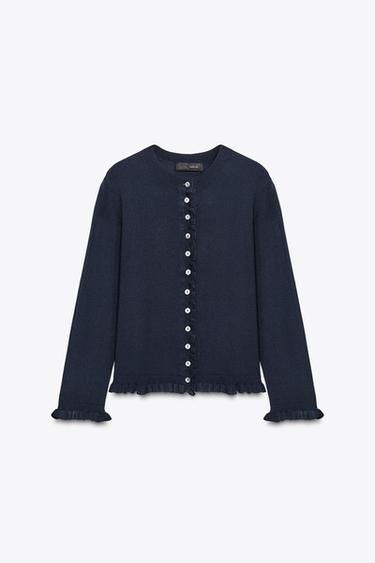 Zara RUFFLED KNIT CARDIGAN - Navy blue