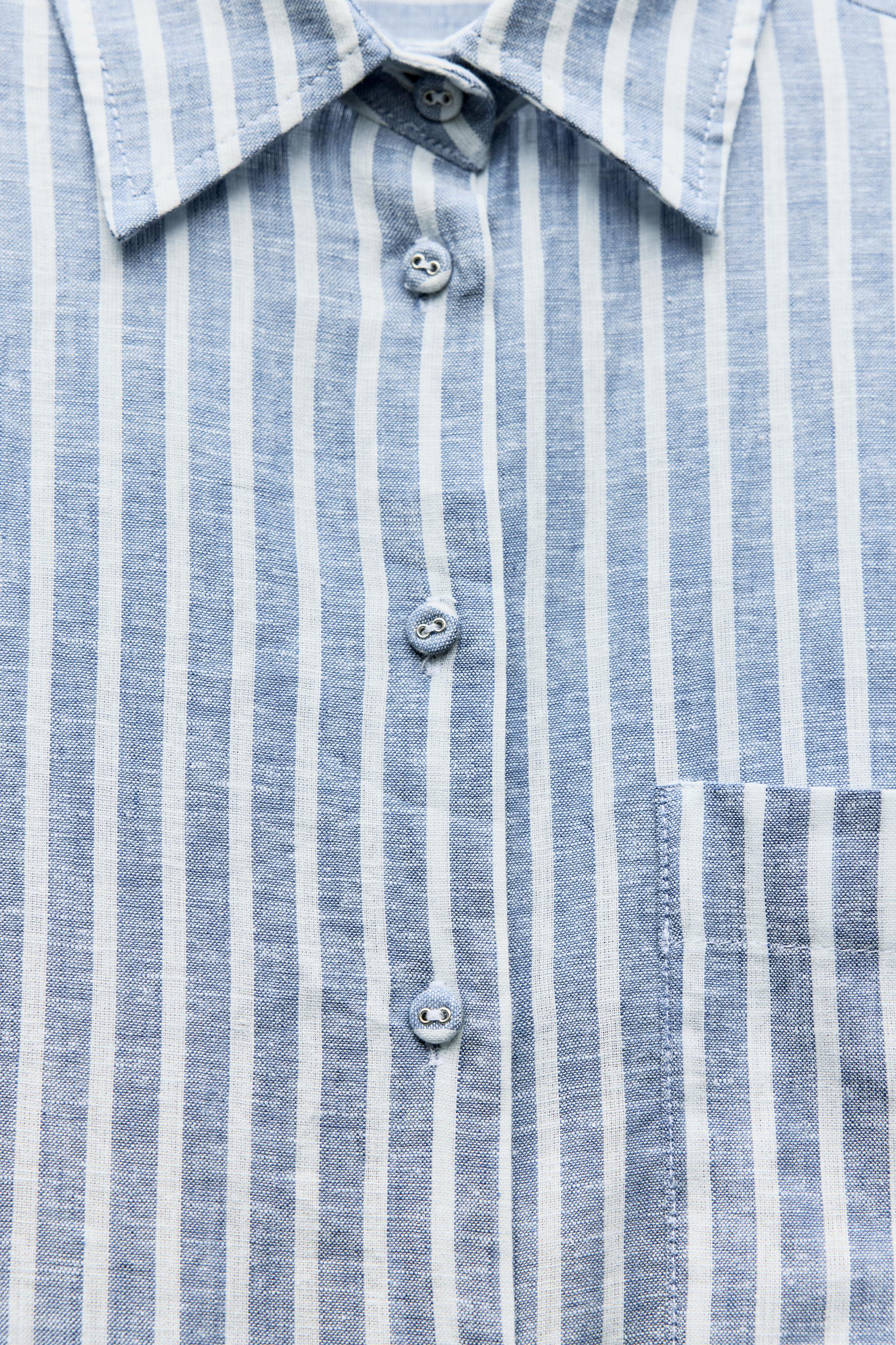 OVERSIZED LINEN BLEND STRIPED SHIRT - Blue / White | ZARA