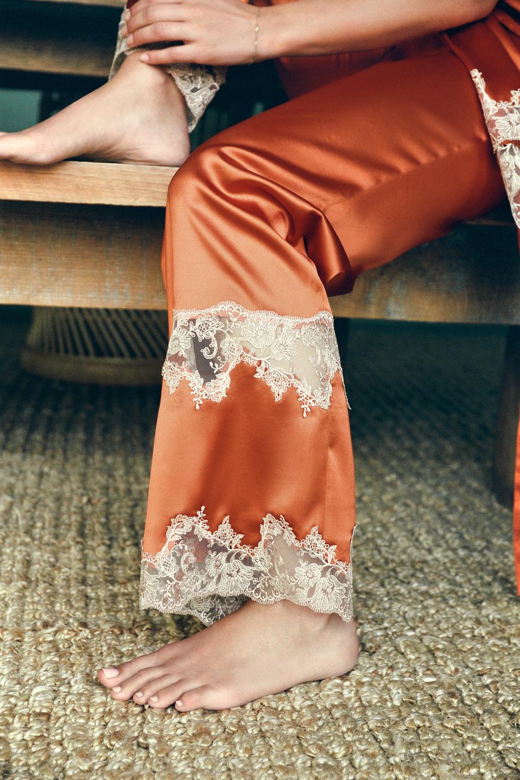 SATIN EFFECT EMBROIDERED PANTS