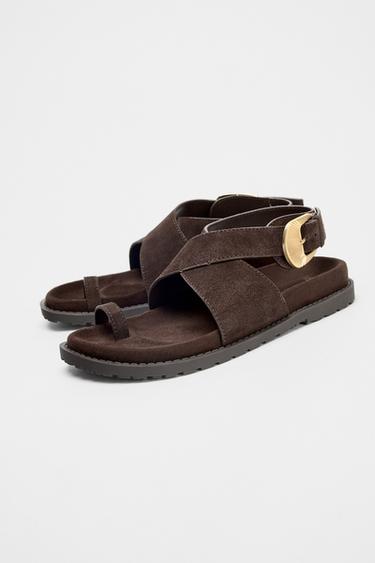 SPLIT SUEDE TOE POST BUCKLE SANDALS - Brown by Zara - Image 4