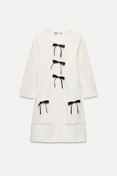 Zara SHORT KNIT DRESS WITH BOWS - White