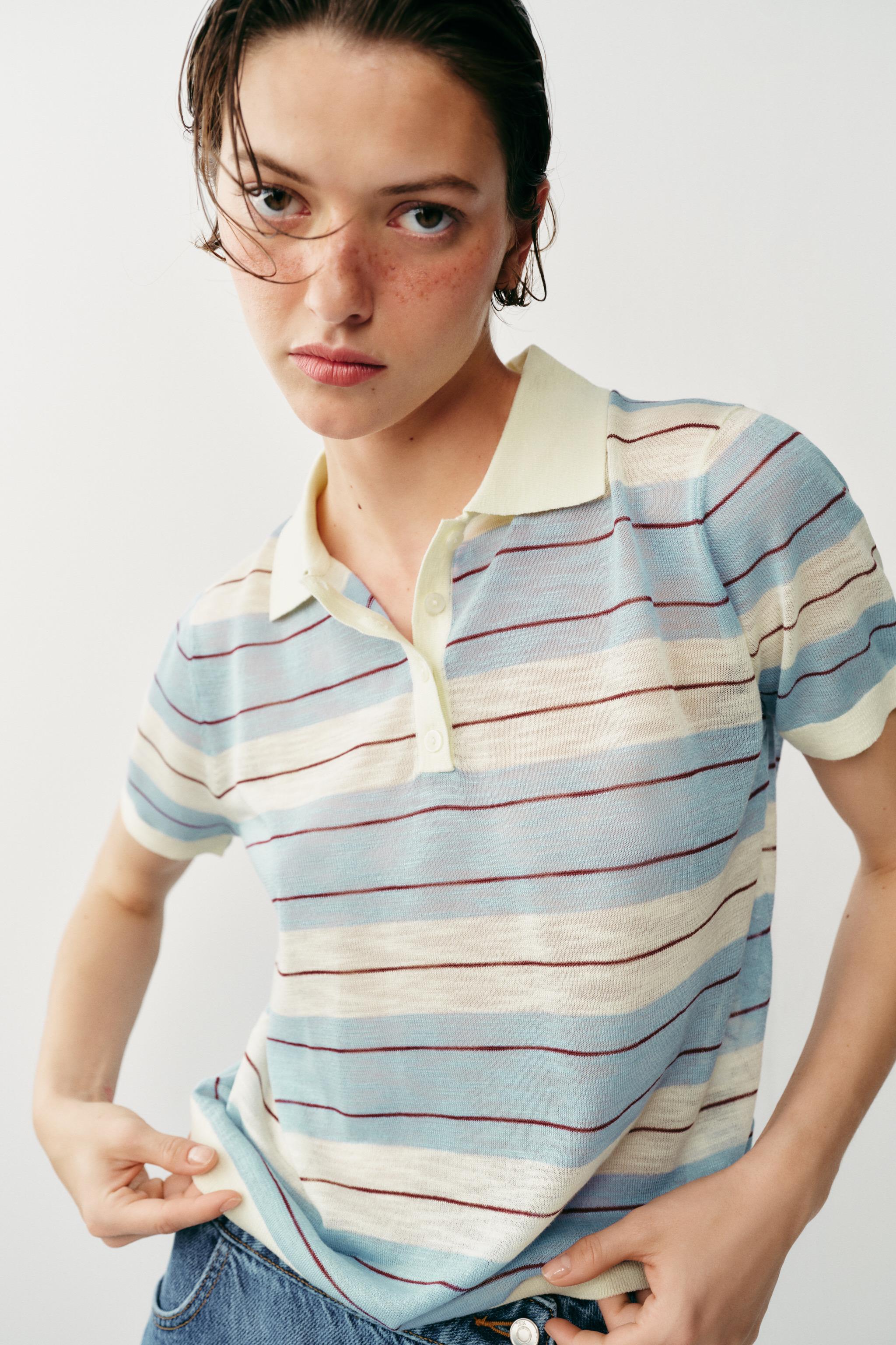 STRIPED KNIT POLO TOP
