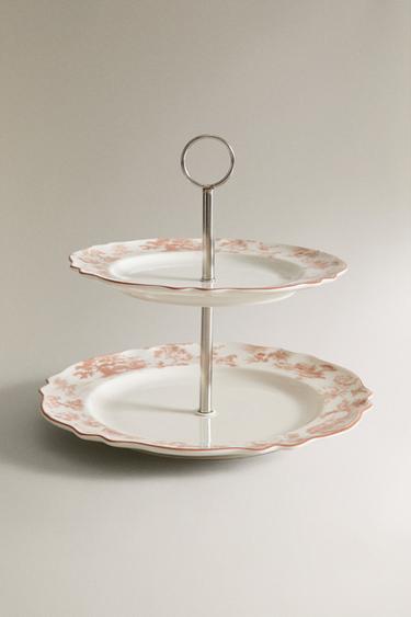 صينية بورسلان بمستويين مزينة بتصميم - وردي / أبيض الخاص بـ Zara - صورة 0