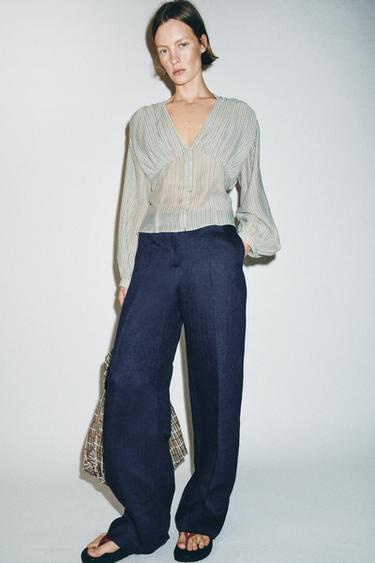CAMISA RAYAS PLIEGUES - blanco/turquesa de Zara