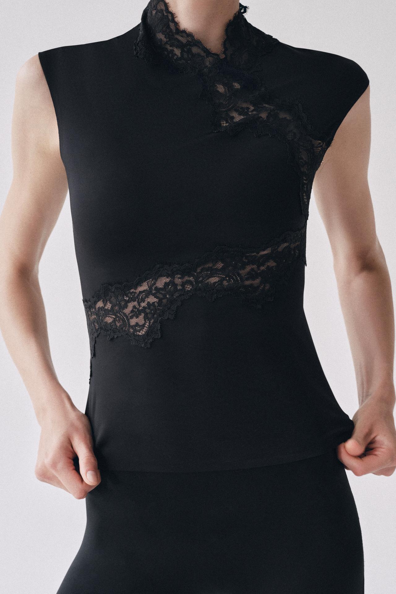 LACE MOCK-NECK TOP — Black