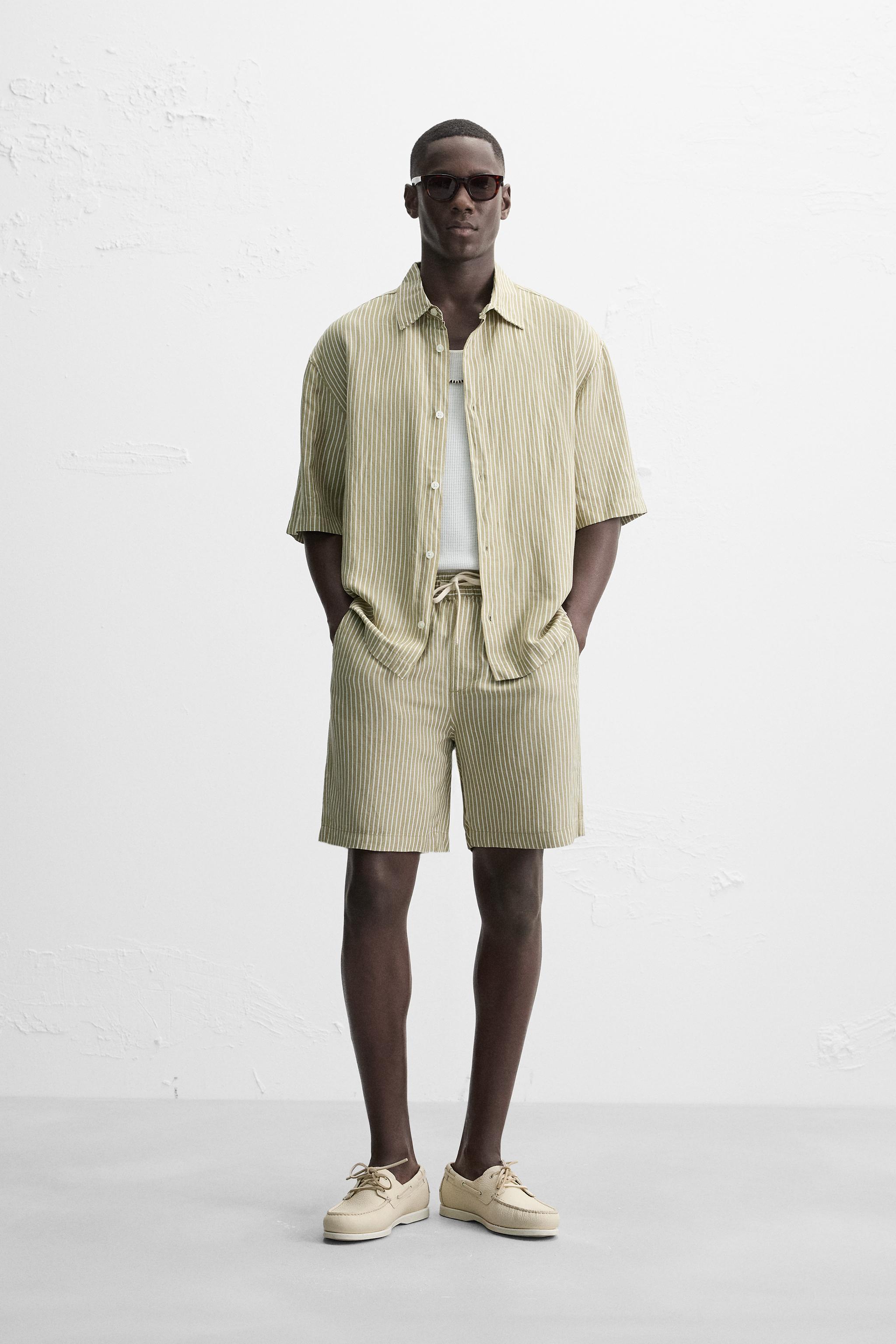 STRIPED LINEN VISCOSE SHORTS - Ecru / Khaki | ZARA United States