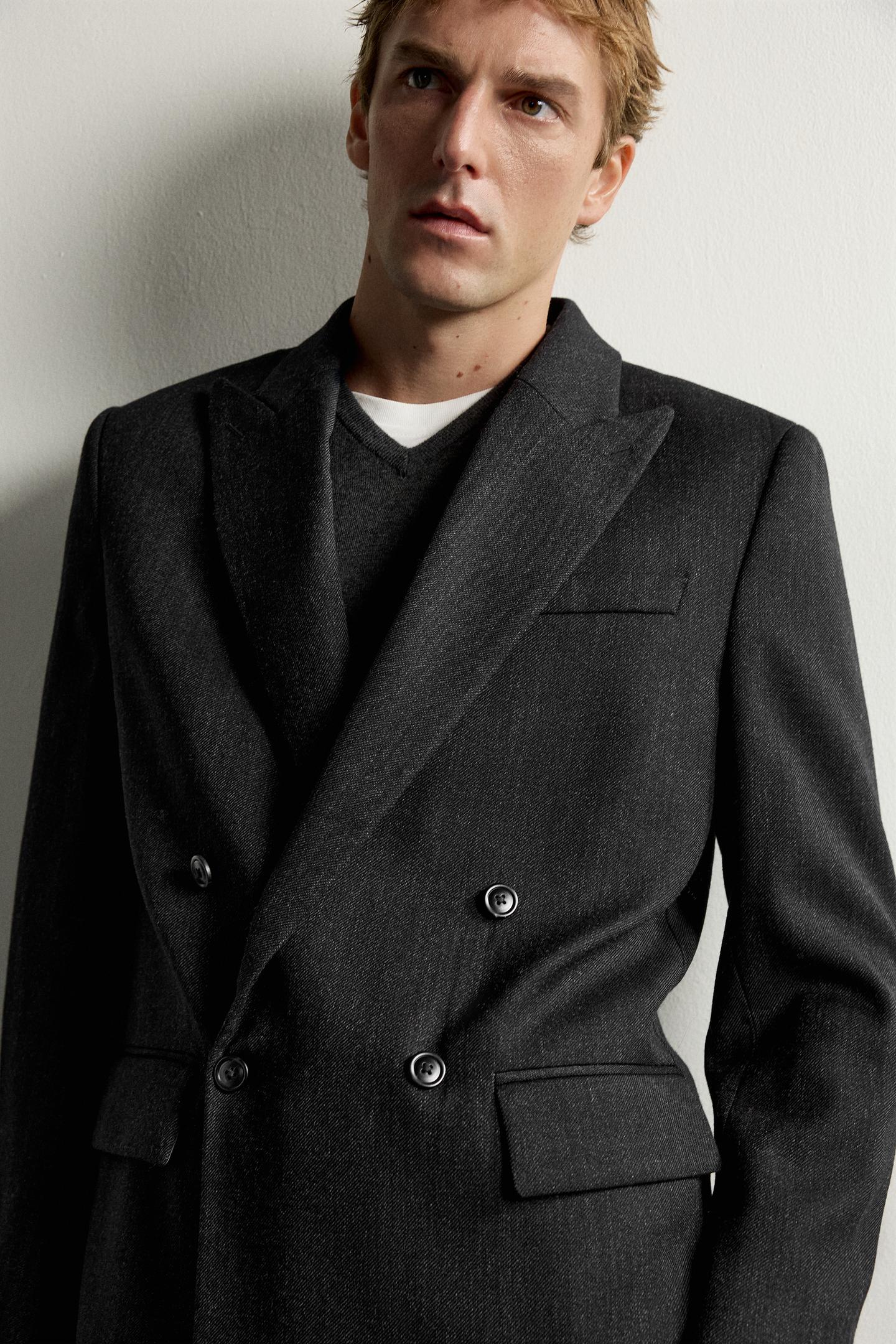 Мужской пиджак Zara 100% Wool Manteco® Double-Breasted Suit Blazer, цвет: Серый меланжевый — фото 6