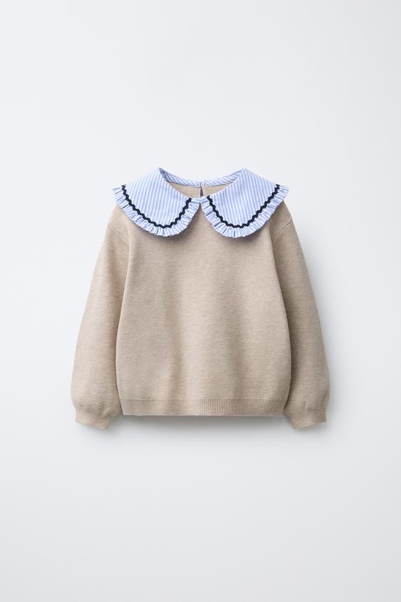 STRIPED KNIT JUMPER WITH PETER PAN COLLAR - Beige by Zara - Image 0