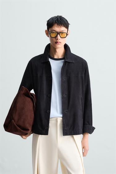 Zara SUEDE LEATHER JACKET - Navy blue