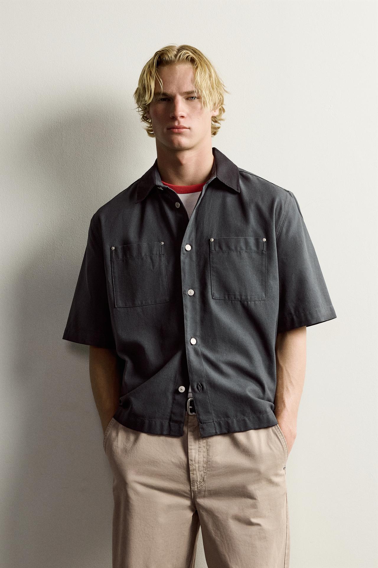 CONTRAST COLLAR POCKET SHIRT — Anthracite grey