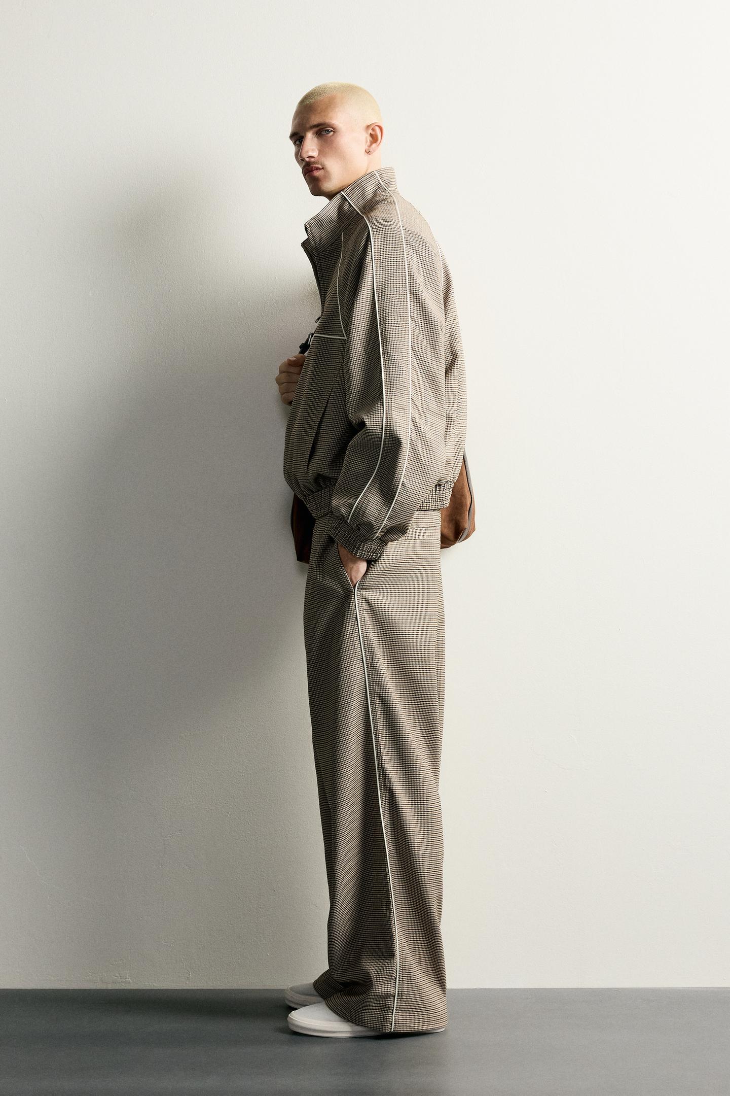 Мужские брюки Zara Contrast Houndstooth Relaxed-Fit, цвет: Бежевый — фото 4