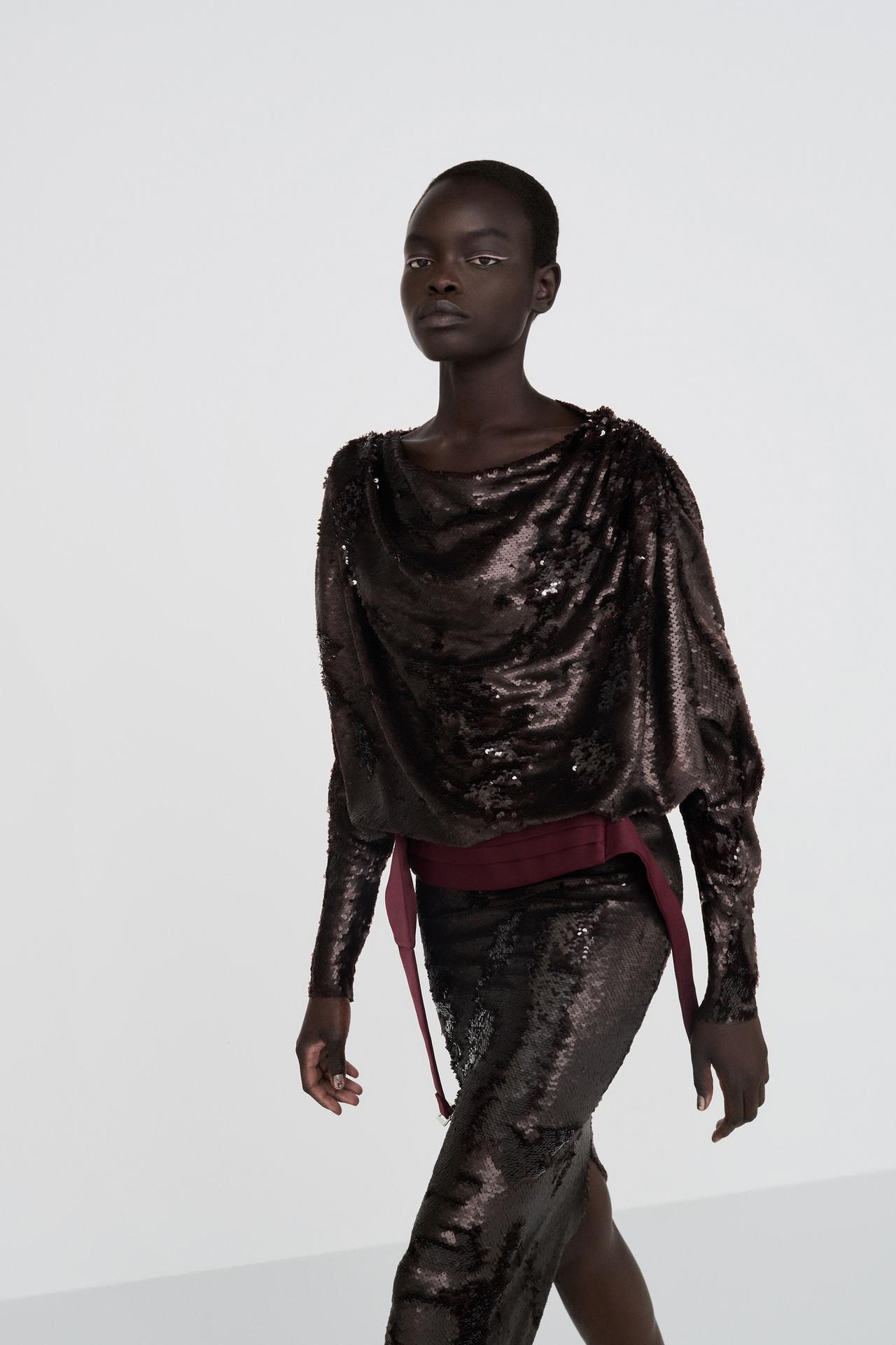 DRAPED SEQUIN MIDI DRESS — Brown