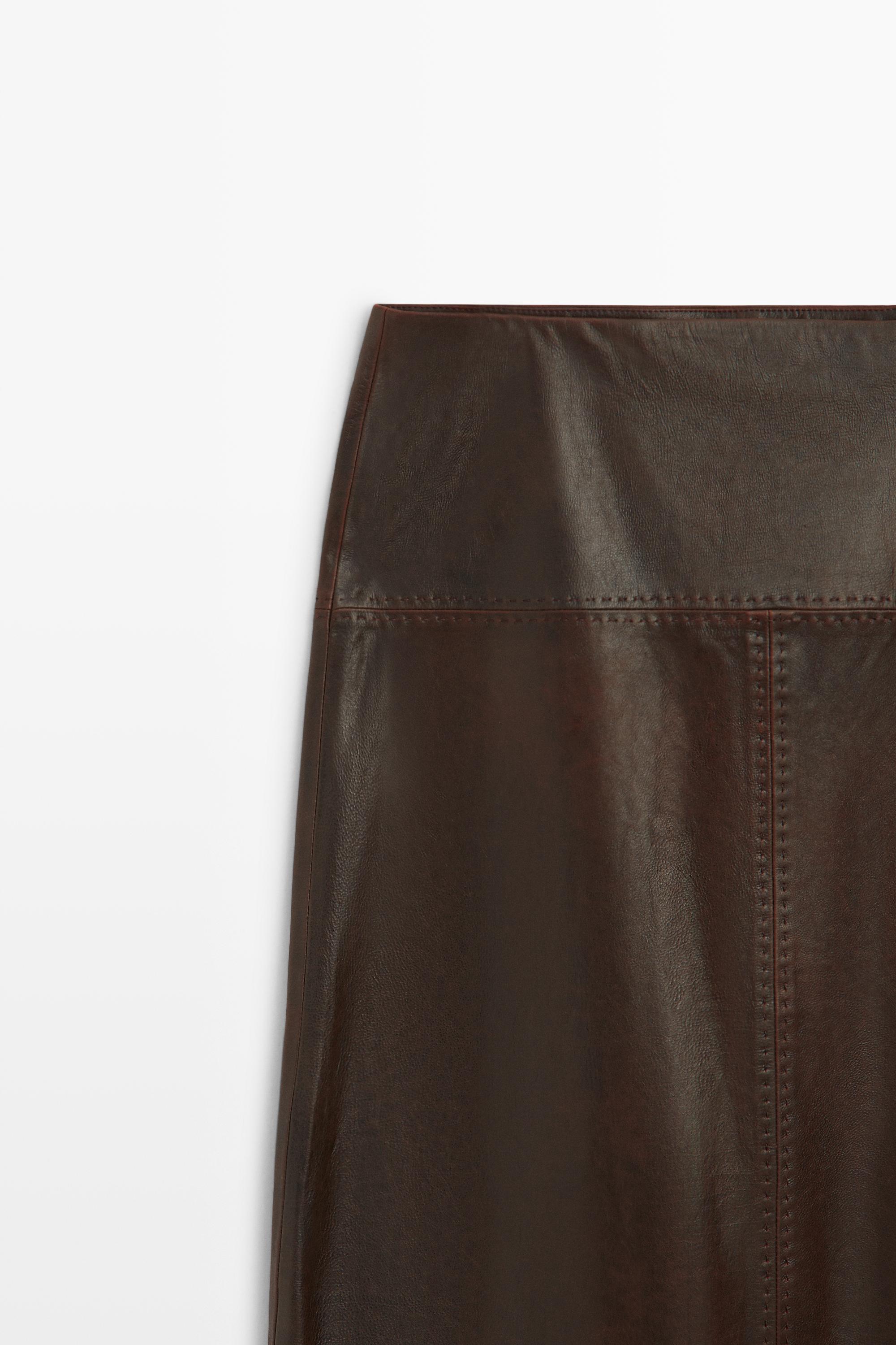 Straight nappa leather midi skirt with seam details