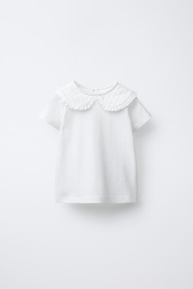 CAMISETA CUELLO BORDADO - Blanco roto de Zara