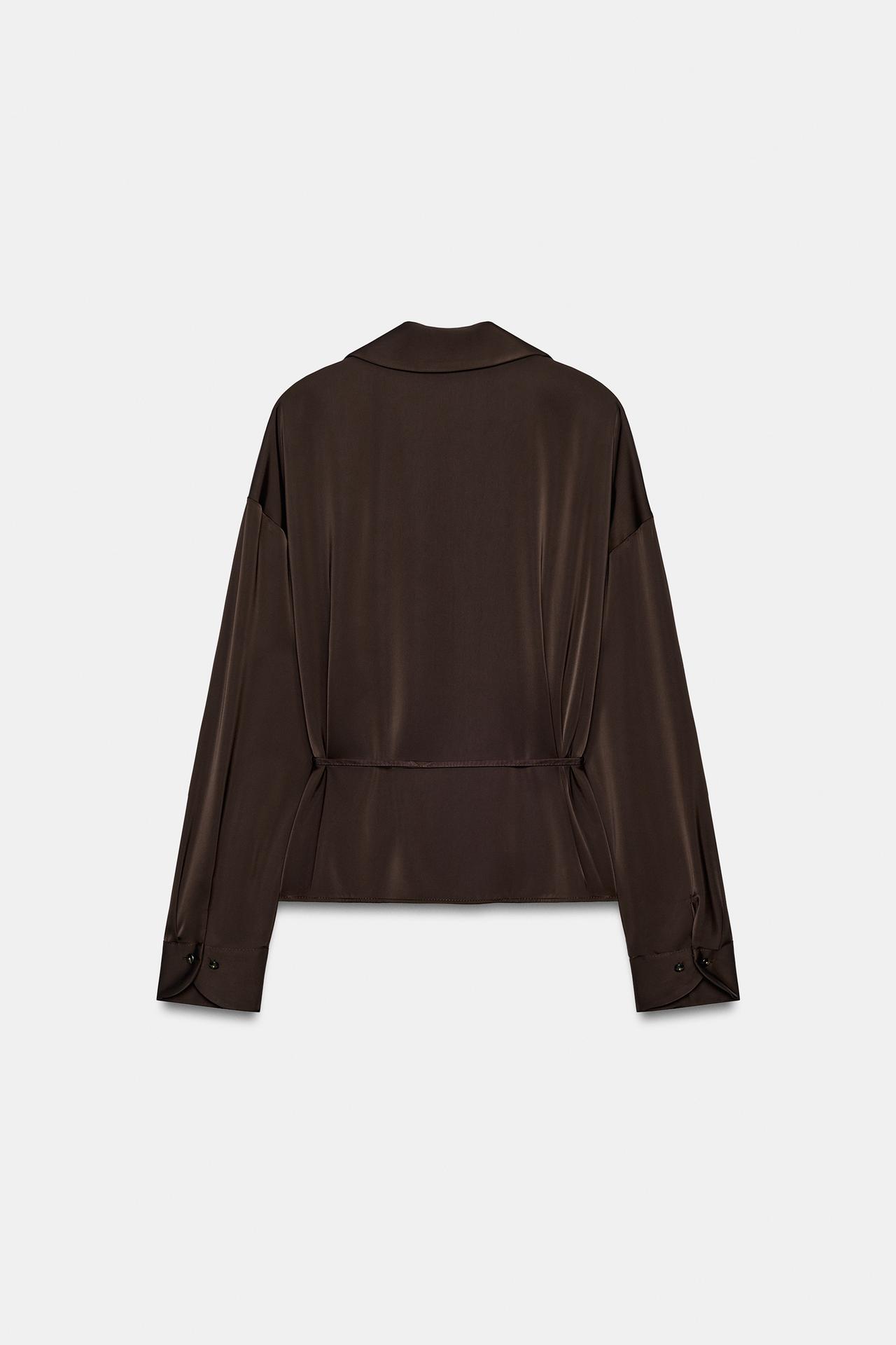 SATIN BELTED SHIRT — Brown