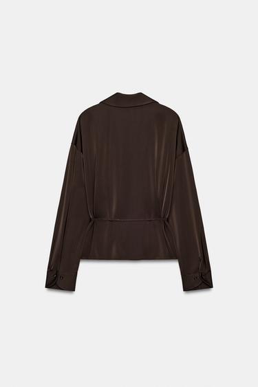 SATIN BELTED SHIRT — Brown 2